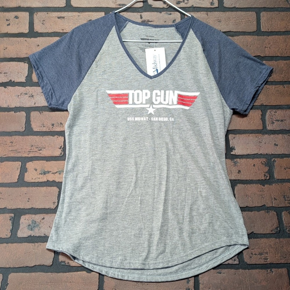 NWT Top Gun USS Midway San Diego V-Neck Graphic Tee Gray Navy Colorblock M